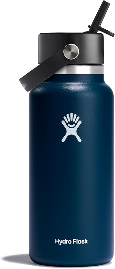Hydro Flask Water Bottle - Insulated Stainless Steel - Wide Mouth Flex Straw Lid, Non Spill, Leakproof and Refillable in 32 Oz Indigo
