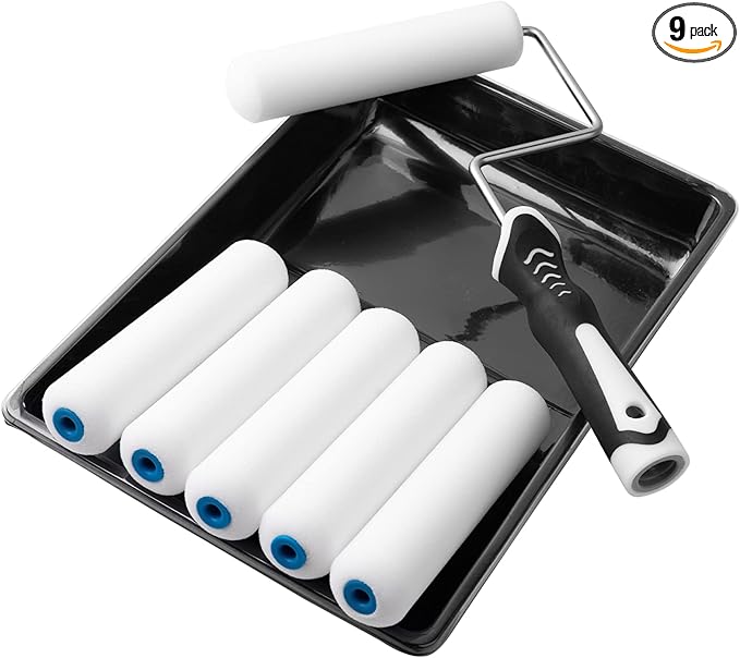 Mister Rui Paint Roller Kit, 9 Pack 6 Inch High Density Foam Paint Roller, Paint Tray with Liner, Mini Paint Rollers for Painting Walls, Small Paint Roller Tray Set
