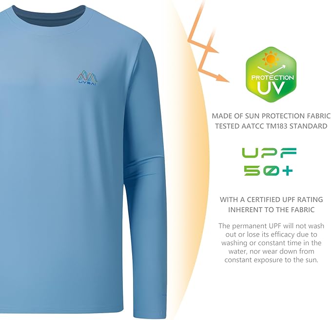 Men’s UPF 50+ Long Sleeve Performance T-Shirts Permanent UV Protective Quick Dry for Everyday Hiking Fishing Beach