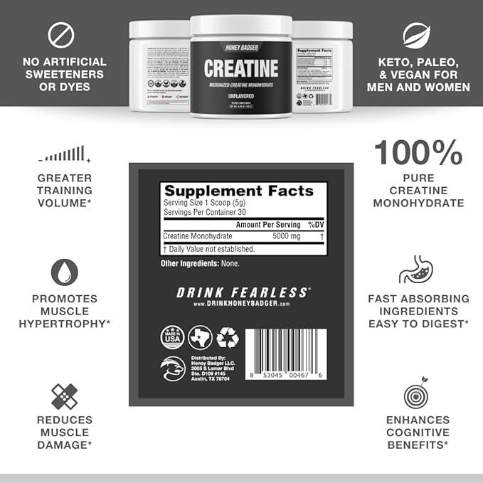 Honey Badger BCAA + EAA Powder | Micronized Creatine Monohydrate | Muscle Growth & Recovery | Natural Recovery for Men & Women | Sugar Free & Paleo | 30 Servings