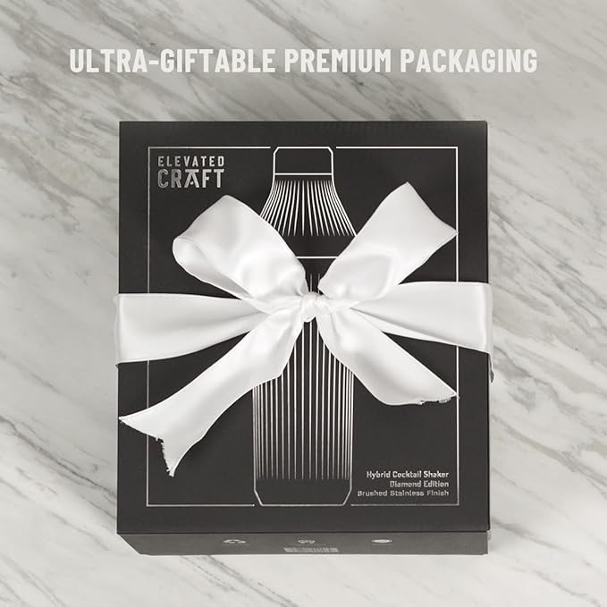 Elevated Craft Diamond Edition Hybrid Cocktail Shaker Set - Premium Vacuum Insulated Gunmetal Black, 28 oz, Includes Built-In Strainer, Precise Measuring Top & XL Polishing Cloth - Martini Shaker