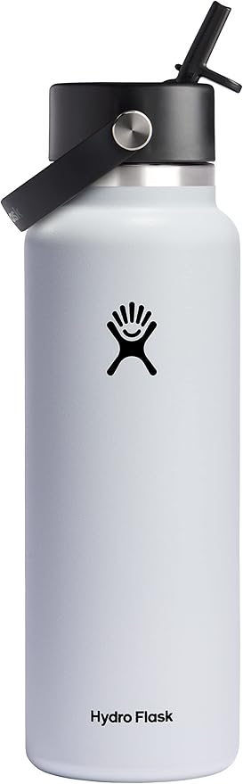 Hydro Flask Water Bottle - Insulated Stainless Steel - Wide Mouth Flex Straw Lid, Non Spill, Leakproof and Refillable in 40 Oz White