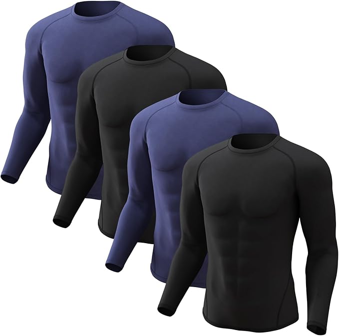 CL convallaria 4 Pack Compression Shirts Men Long Short Sleeve Cooling Dry Rash Guard Athletic Workout T Shirt for Sports