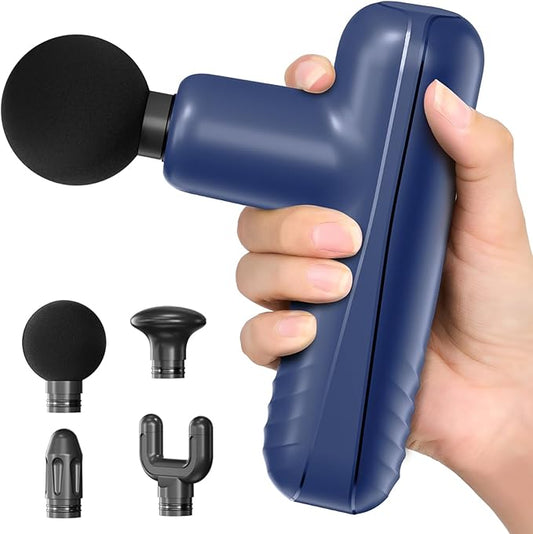 Mini Massage Gun, Powerful Handheld Muscle Massager for Back Pain Relief, Deep Tissue Percussion Small Massage Gun Travel Massager with 4 Massage Heads Silent Brushless Motor, Blue