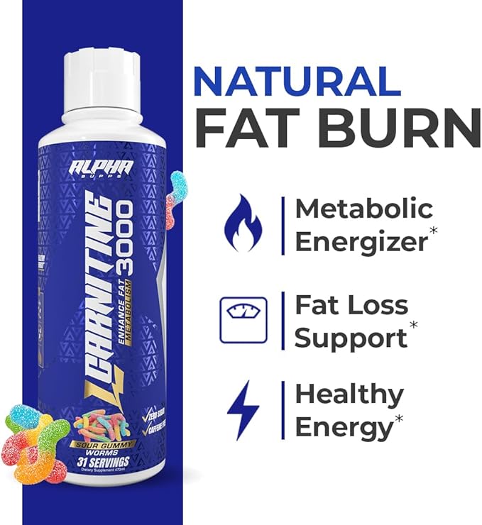 Alpha Supps L Carnitine Liquid 3000 | Stimulant-Free L-Carnitine Supplement for Men & Women | Pre-Workout Energy Boost & Muscle Recovery | Zero Sugar, Fat, & Carbs | 31 Servings (Sour Gummy Worms)