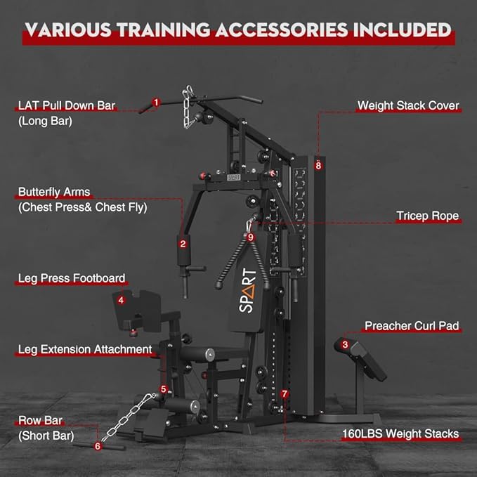 SPART Home Gym, Multifunctional Home Gym Equipment, Workout Station with 160LBS Weight Stack for Leg Press & Chest Fly, All in One Workout Machine Full Body Strength Training with Pulley System