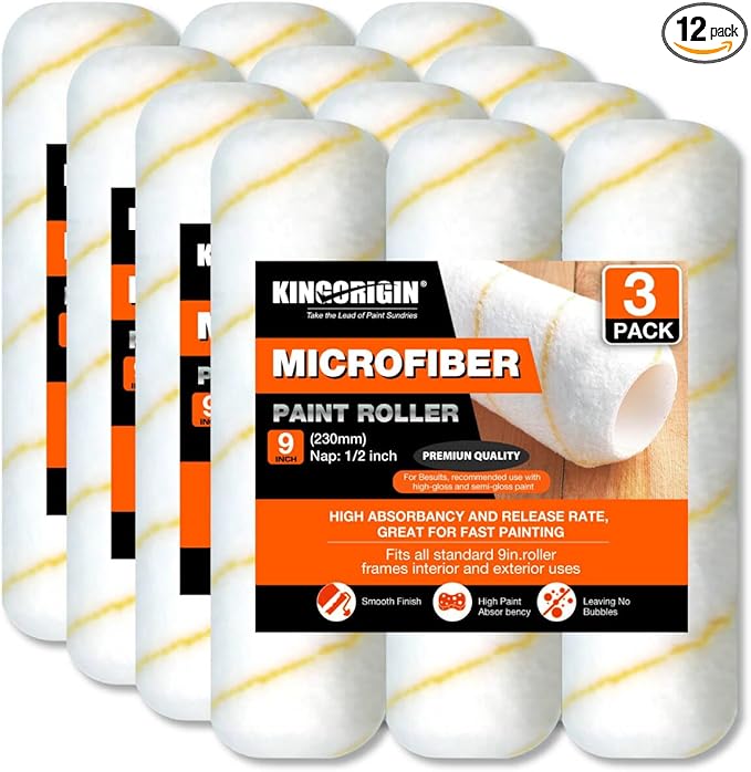King Origin 9 Inch Microfiber Paint Roller Covers, 1/2" Nap, 12-Pack Paint Rollers for Wall & Ceiling Painting, Professional & Home Use