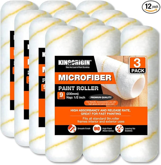 King Origin 9 Inch Microfiber Paint Roller Covers, 1/2" Nap, 12-Pack Paint Rollers for Wall & Ceiling Painting, Professional & Home Use