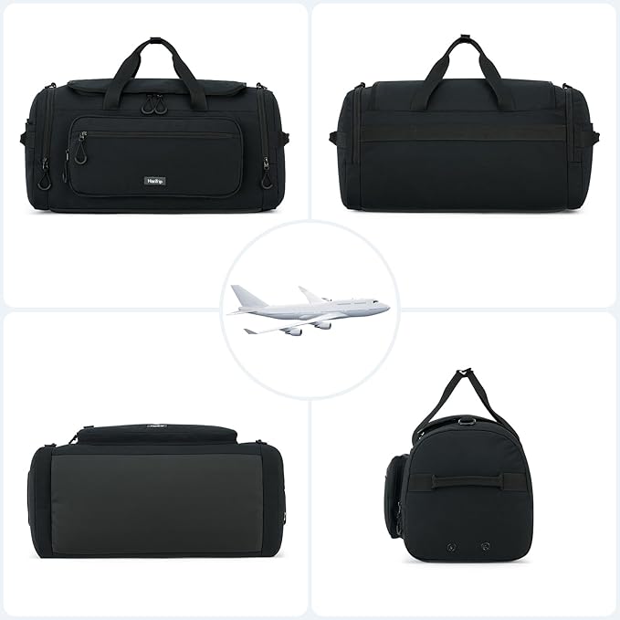 Large Travel Duffle Gym Bag with Shoe Compartment, Underseat Carry On Luggage Overnight Weekender Personal Item Workout Bags for Women Men (Black)