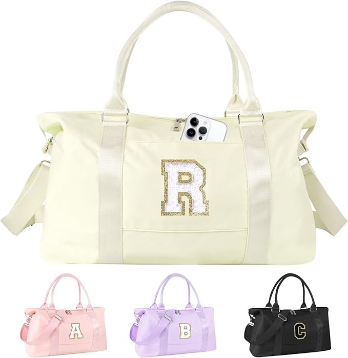 Dance Gym Duffel Bag for Teen Girls, Personalized Initial Travel Weekender Bag,Cute Overnight Carry On Duffle for Women,Sports Travel Cheer Bag,Monogram Christmas Gifts for Tween Preppy(beige-R)