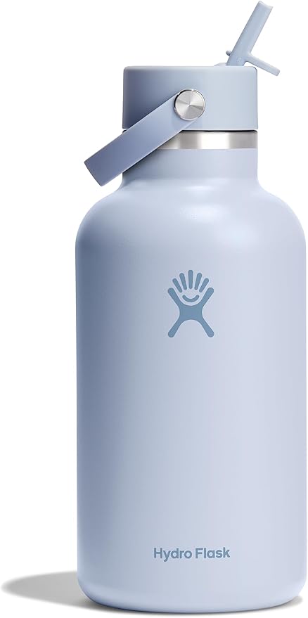 Hydro Flask Water Bottle - Insulated Stainless Steel - Wide Mouth Flex Straw Lid, Non Spill, Leakproof and Refillable in 64 Oz Surf Blue