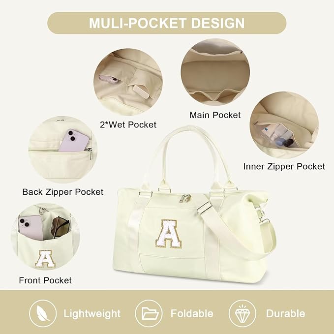 Dance Gym Duffel Bag for Teen Girls, Personalized Initial Travel Weekender Bag,Cute Overnight Carry On Duffle for Women,Sports Travel Cheer Bag,Monogram Christmas Gifts for Tween Preppy(beige-A)