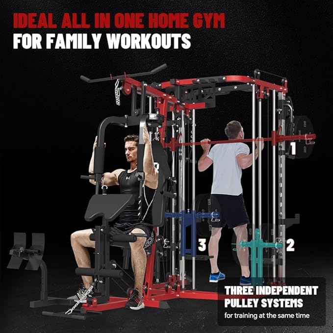 All in One Home Gym System Workout Station, Multi-Function Smithe Machine Power Cage with Cable Crossover System, Tripe-Sided Independent Load Posts, Functional Trainer for Full Body Training