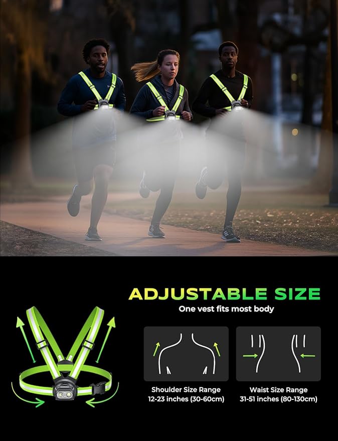 500LM High-Visibility Running Lights for Runners with 7 Modes, Adjustable 45° Beam, 360° Reflective Vest & IPX4 Waterproof Running Vest Headlamp for Night Walking/Cycling, 3.5-20Hrs Runtime