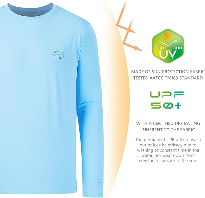 Men’s UPF 50+ Long Sleeve Performance T-Shirts Permanent UV Protective Quick Dry for Everyday Hiking Fishing Beach