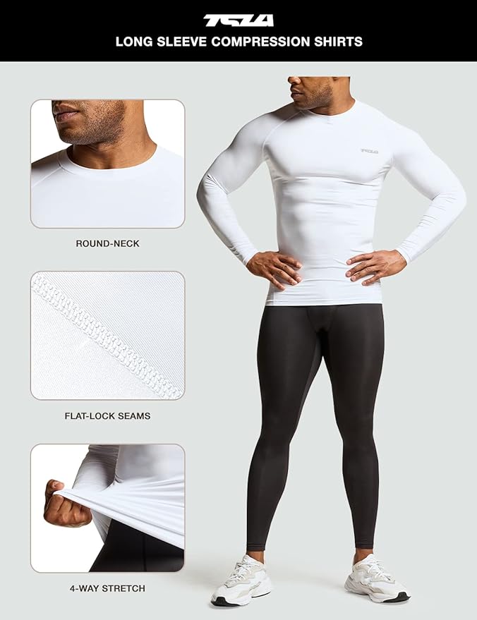 TSLA Men's UPF 50+ Compression Shirts, Cool Dry Long Sleeve Athletic Tops, Sports Baselayer Workout Shirt