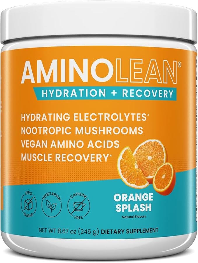 AminoLean Hydrating Electrolyte Powder and Recovery Drink with Sea Minerals, Nootropic Mushrooms, and Vegan Amino Acids, BCAAs + EAAs for Post Workout Muscle Building, Orange Splash
