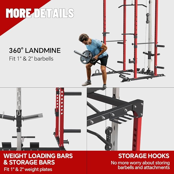 FAGUS Power Cage, Multi-Function Power Rack with LAT Pulldown, Seated Row, Cable Pulley System, J-Hooks, Dip Handles, Landmine, Squat Rack with Optional Cable Corssover, Smithe Attachment for Home Gym
