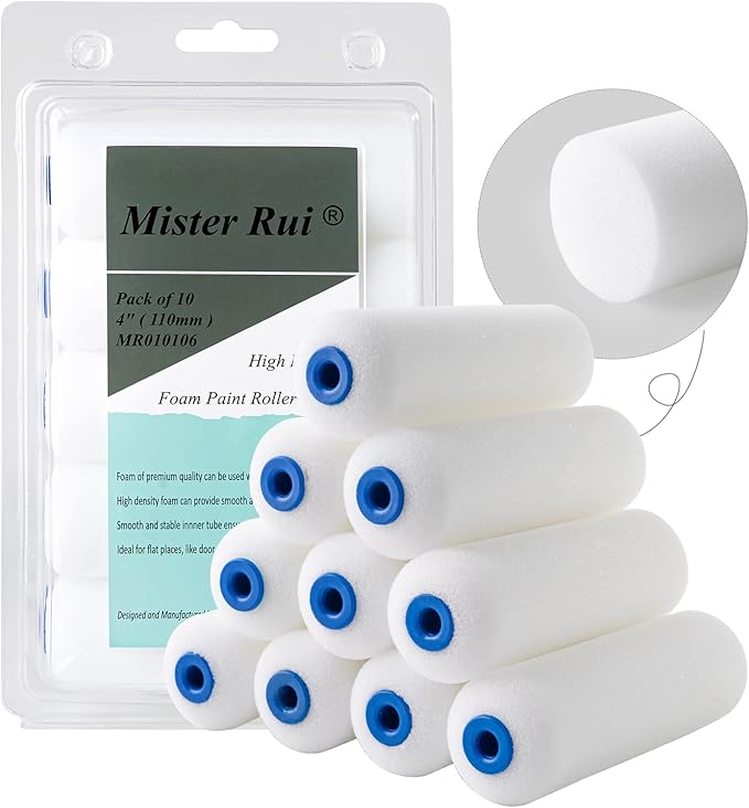 Mister Rui Foam Paint Roller, Sponge Paint Roller Sleeve, High Density Foam, for Furniture Painting and Decorating, 4 Inch Head-Rounded Design (110mm), Pack of 10