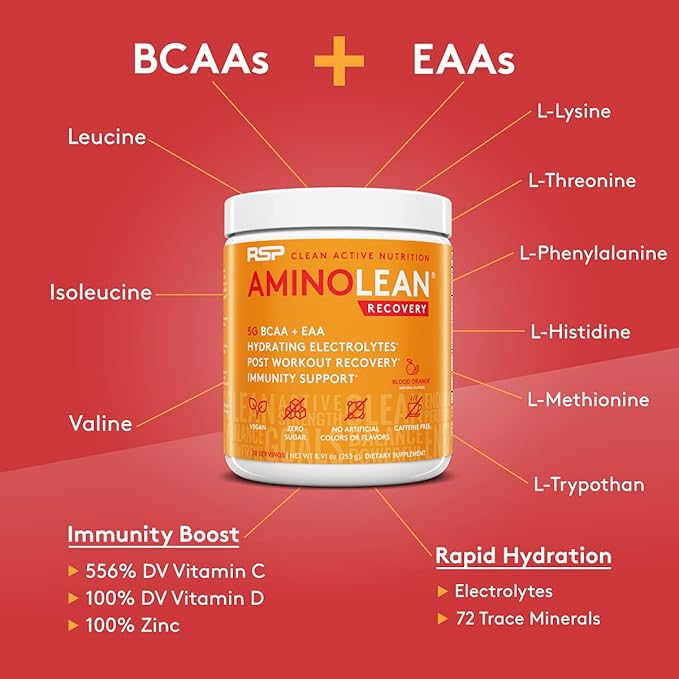AminoLean Hydrating Electrolyte Powder and Recovery Drink with Sea Minerals, Nootropic Mushrooms, and Vegan Amino Acids, BCAAs + EAAs for Post Workout Muscle Building, Orange Splash