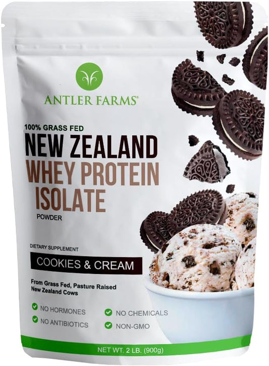Antler Farms - 100% Grass Fed New Zealand Whey Protein Isolate, Cookies & Cream Flavor, 2 lbs - Pure and Clean, 5 Ingredients, Cold Processed