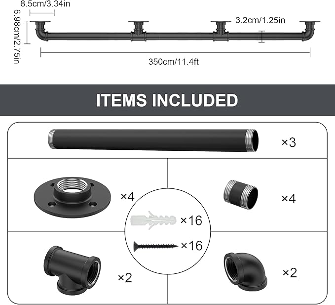 10FT Industrial Stair Railing Wall Mount Staircase Handrail φ1.3 Pipe Hand Rail for Steps Grab Bar Foot Rail Vintage Pipe Railing Black Deck Handrail for Outdoor Indoor Stairs Porch