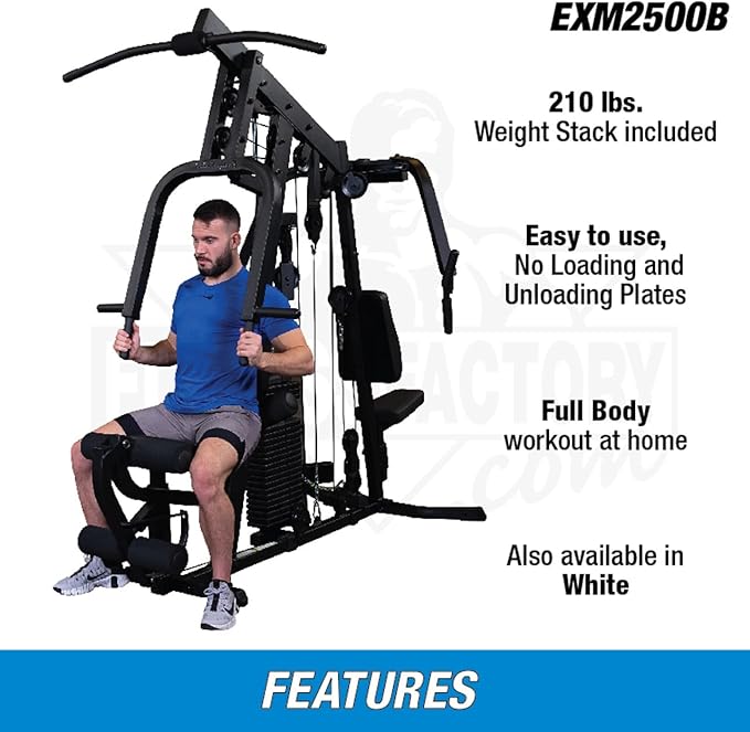 Body-Solid (EXM2500BLPSRSTK) Multi-Station Home Gym Machine, Arm & Leg Strength Training Functional Exercise Workout Station, 210lbs. Red Weight Stack with Leg Press