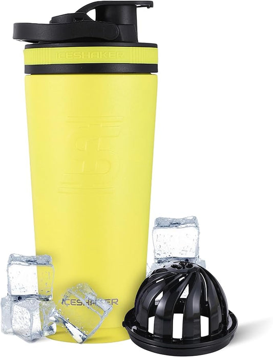Ice Shaker Insulated Stainless Steel Shaker Bottle | 26oz, Yellow | Cold for 30+ Hours | Insulated Cup with Twist-on Agitator | Odor-Free Bottle for Protein Shakes, Water, Smoothies, Cocktails