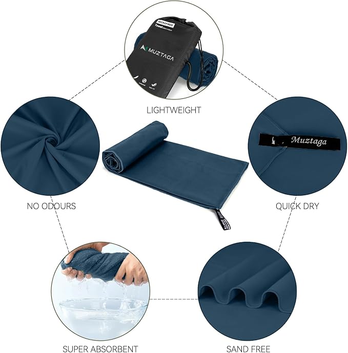 Microfiber Beach Towel-Perfect for Travel, Sports, Camping, Swimming, Yoga, Gym- Quick Dry, Sand Free, Compact, Lightweight, Absorbent (Navy Blue,Small(101x50cm, 40x20”))