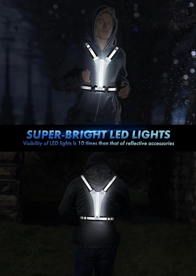 LED Reflective Running Vest Gear,Light Up Vest Runners Night Walking USB Rechargeable,Up to 11hrs Light with Adjustable Waist/Shoulder for Women Men Kids
