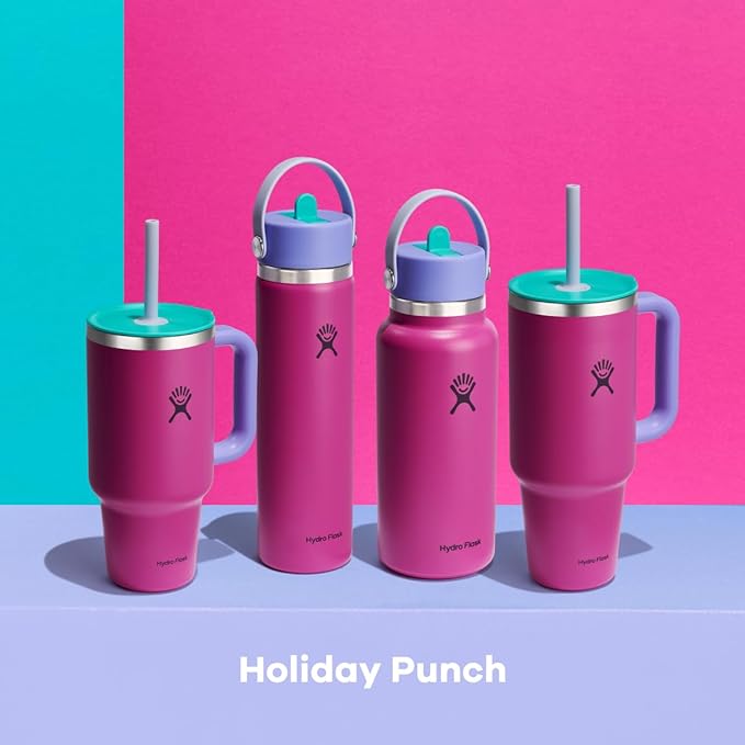 Hydro Flask Water Bottle - Insulated Stainless Steel - Wide Mouth Flex Straw Lid, Non Spill, Leakproof and Refillable in 32 Oz Holiday Punch