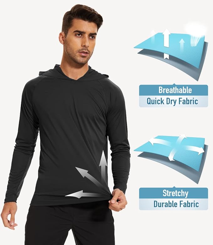 MAGCOMSEN Men's Hooded UPF 50+ Sun Protection T Shirts Long Sleeve Athletic Fishing Shirts Rash Guards