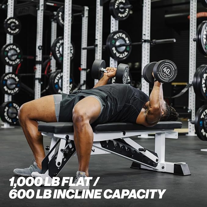 Titan Fitness TITAN Series Adjustable Bench, Supports 600 LB Incline, 1,000 LB Flat, Versatile Single Post Utility Workout Bench for Home Gym, Weightlifting, Strength Training