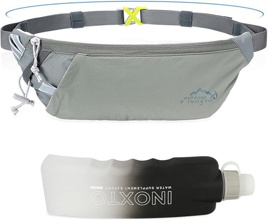 INOXTO Slim Running Belt Fanny Pack for Women and Men Sports Waist Bag Pack with 300ml Water Bottle for Running Walking Cycling Hiking Reflective Running Pouch Belt for All Phones (Gary)