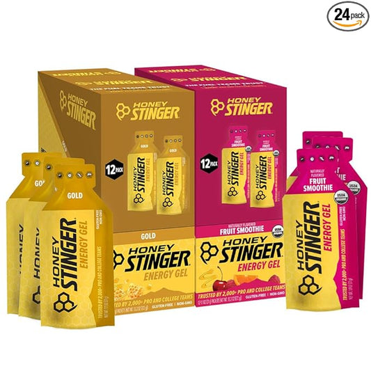 Honey Stinger Energy Gel Variety Pack 12 Packs Each of Gold and Organic Fruit Smoothie Gluten Free & Caffeine Free Sports Nutrition for Home & Gym, Pre and Mid Workout