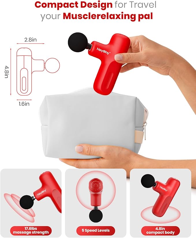 Super Mini Massage Gun Deep Tissue with 4 Attachments, Handheld Portable Mini Travel Size Percussion Deep Tissue Massager with 5 Speeds, Massager Gun Ideal Gift for Man & Women, Red