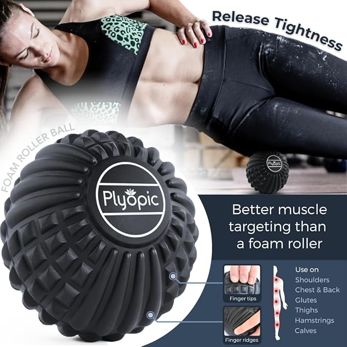 Plyopic Deep Tissue Massage Ball Set – Set of 4: Lacrosse, Spiky, Peanut and 5” Foam Roller Massager Balls for Muscle Massage, Mobility, Trigger Points and Myofascial Release