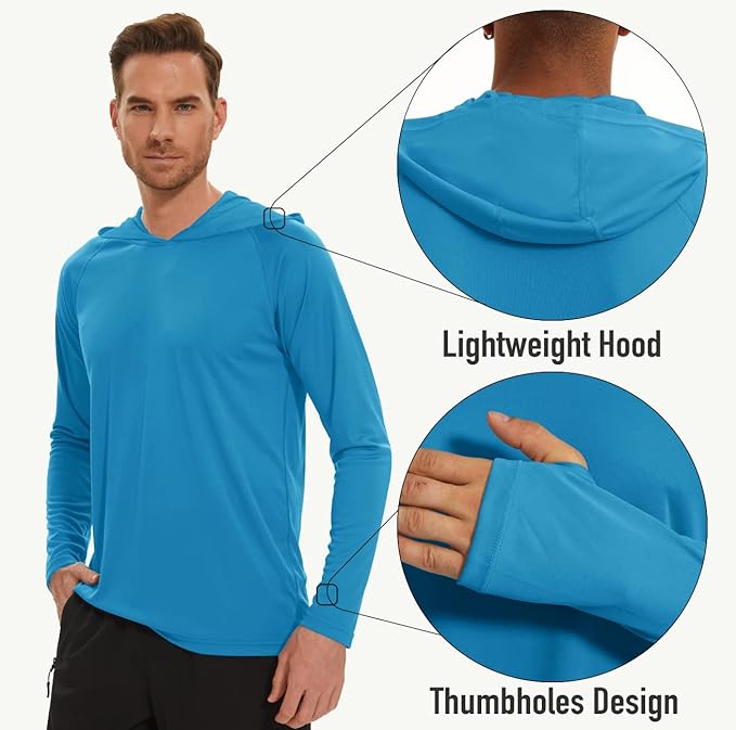 MAGCOMSEN Men's Hooded UPF 50+ Sun Protection T Shirts Long Sleeve Athletic Fishing Shirts Rash Guards