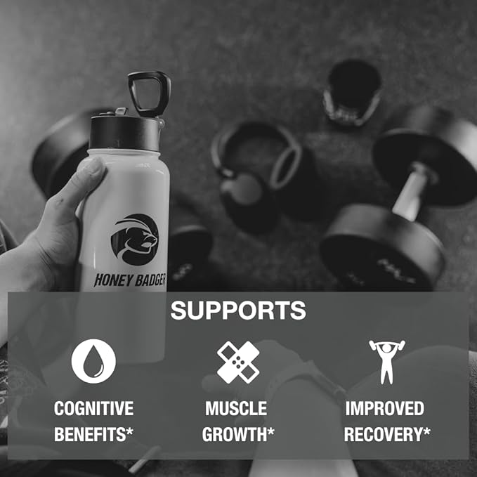 Honey Badger BCAA + EAA Powder | Micronized Creatine Monohydrate | Muscle Growth & Recovery | Natural Recovery for Men & Women | Sugar Free & Paleo | 30 Servings