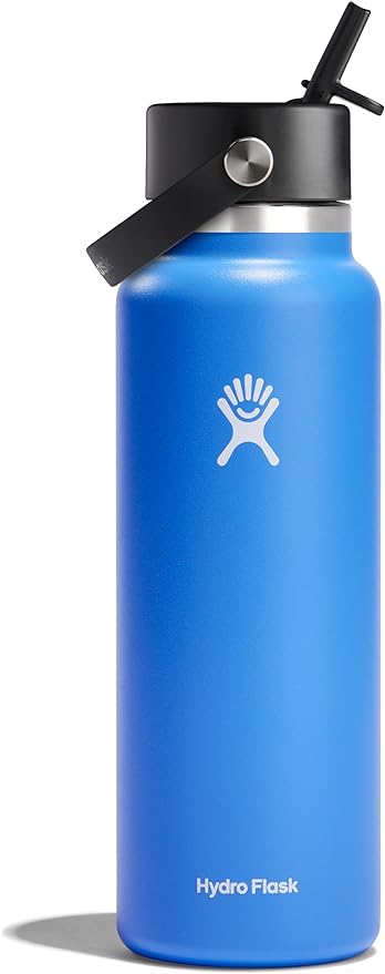 Hydro Flask Water Bottle - Insulated Stainless Steel - Wide Mouth Flex Straw Lid, Non Spill, Leakproof and Refillable in 40 Oz Cascade Blue