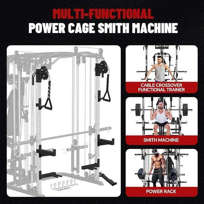 All in One Home Gym System Workout Station, Multi-Function Smithe Machine Power Cage with Cable Crossover System, Tripe-Sided Independent Load Posts, Functional Trainer for Full Body Training