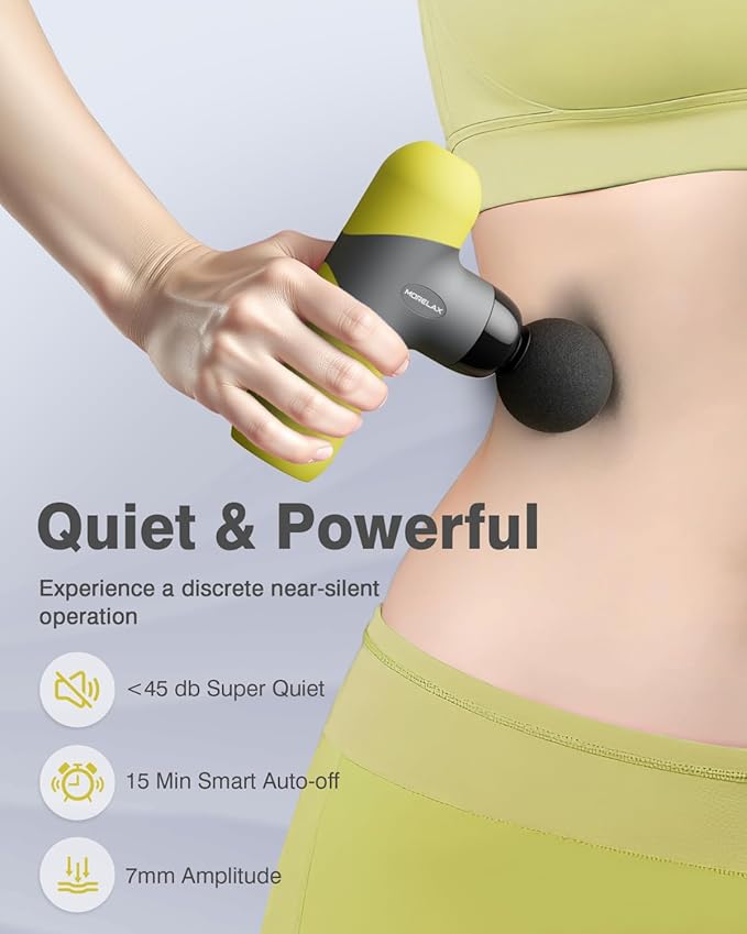 Morelax Mini Massage Gun Portable Deep Tissue Muscle Percussion Massager, Electric Handheld Sport Massager with 6 Massage Heads 4 Speed, Best Gift (Yellow)