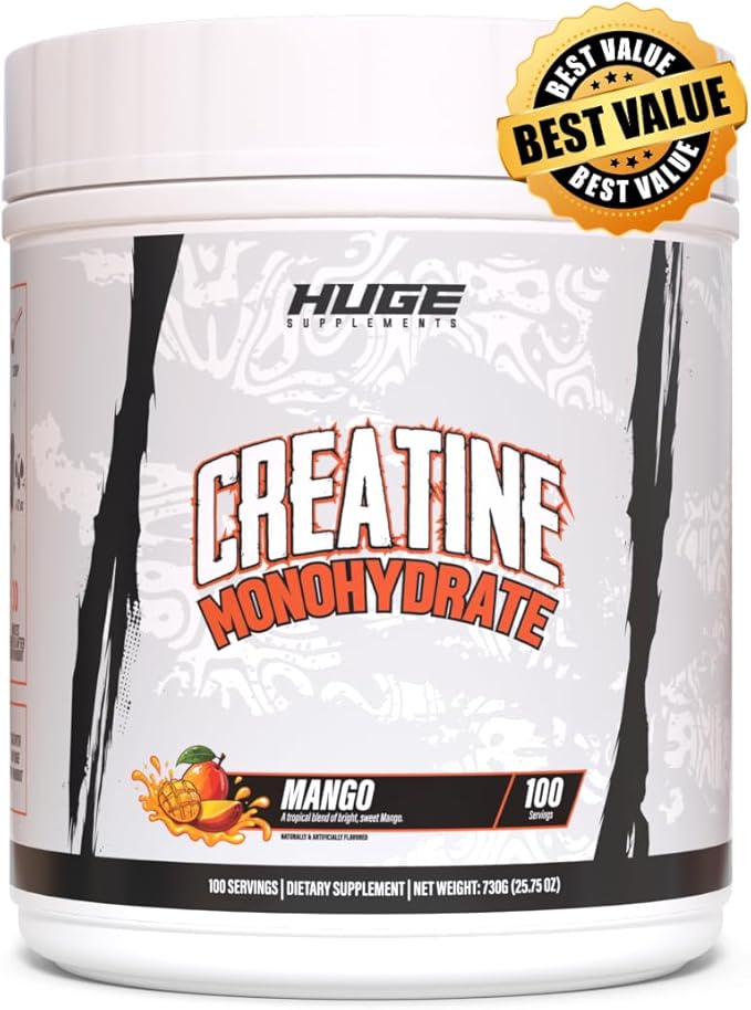 Huge Supplements Flavored Creatine Monohydrate Powder - Mango Flavor, 500 Grams, Third Party Tested, Micronized for Optimal Absorption, 5 Grams Per Scoop, Delicious & Easy Mixability (100 Servings)