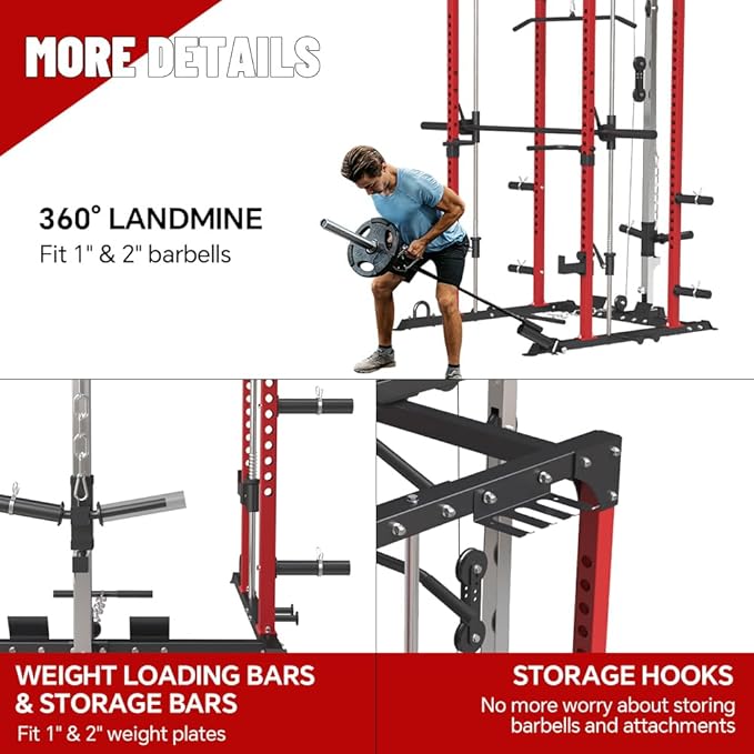 FAGUS Power Cage, Multi-Function Power Rack with LAT Pulldown, Seated Row, Cable Pulley System, J-Hooks, Dip Handles, Landmine, Squat Rack with Optional Cable Corssover, Smithe Attachment for Home Gym