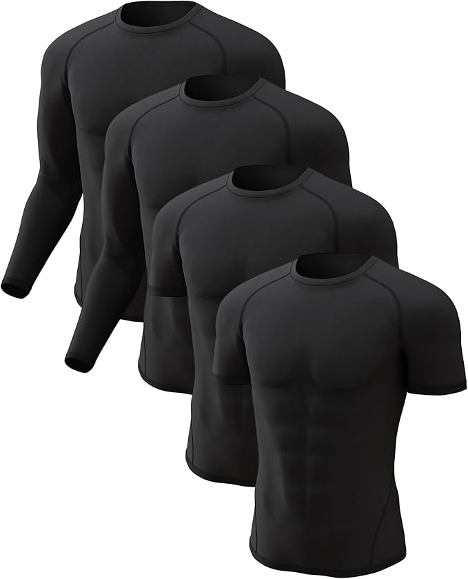 CL convallaria 4 Pack Compression Shirts Men Long Short Sleeve Cooling Dry Rash Guard Athletic Workout T Shirt for Sports