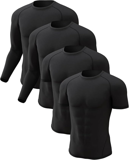 CL convallaria 4 Pack Compression Shirts Men Long Short Sleeve Cooling Dry Rash Guard Athletic Workout T Shirt for Sports