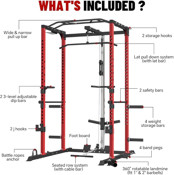 FAGUS Power Cage, Multi-Function Power Rack with LAT Pulldown, Seated Row, Cable Pulley System, J-Hooks, Dip Handles, Landmine, Squat Rack with Optional Cable Corssover, Smithe Attachment for Home Gym