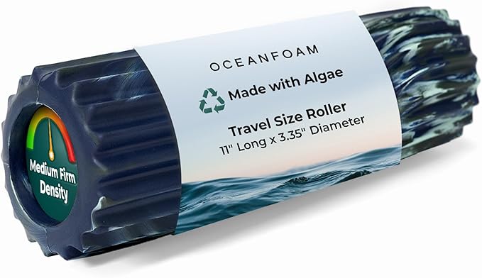 Oceanfoam Ripple Travel Foam Roller (11" x 3.35") Firm Mini Foam Roller for Physical Therapy, Deep Tissue Massage, Back Pain - High Density, Wave Textured - Yoga (Dark Navy, Hunter & Seafoam Marbled)