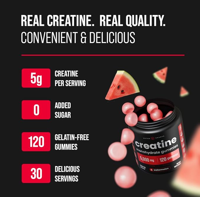 NutraChamps 120 Creatine Gummies for Men & Women - 5g Sugar Free Chewable Creatine Monohydrate Gummies - Supports Protein Synthesis, Muscle Recovery & Workout Performance