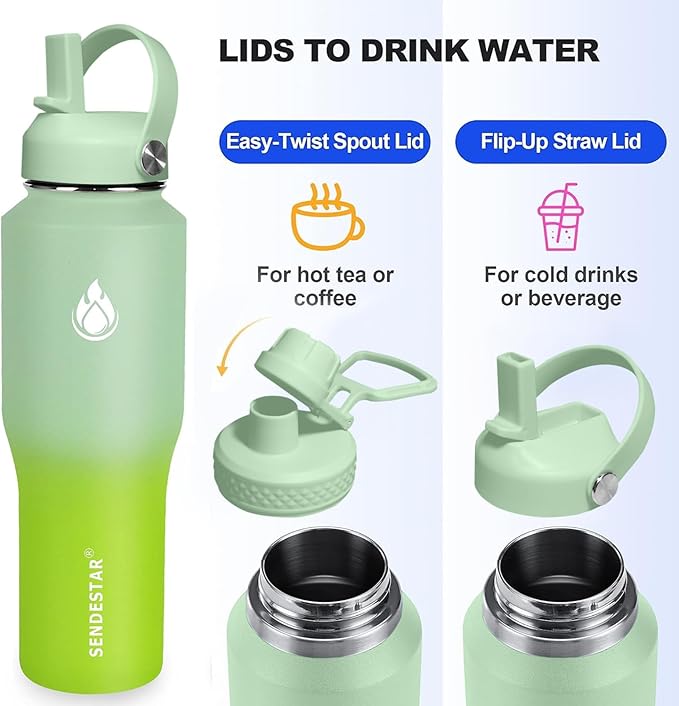 SENDESTAR 32oz Water Bottle Wide Mouth Stainless Steel Vacuum Insulated Double Wall with Straw Lids Fit in Any Car Cup Holder,Neon